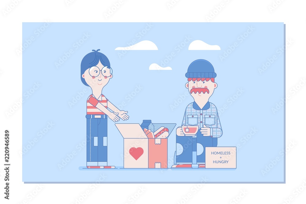 Volunteers design concept.Boy Giving Donation to a Poor Homeless Man Volunteers design concept.Boy Giving Donation to a Poor Homeless Man