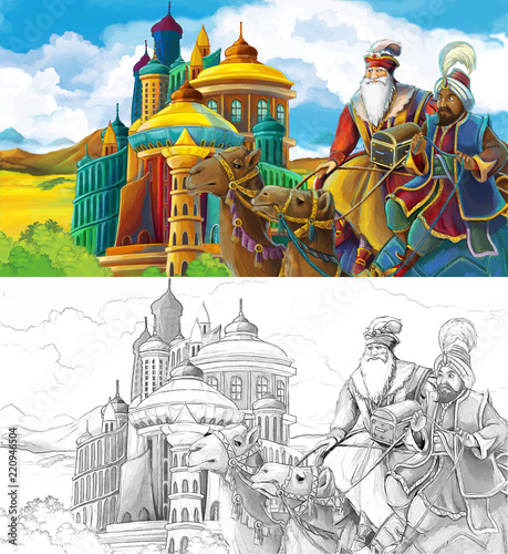 cartoon scene with princes or kings traveling near arabian castle on camels - illustration for children photo