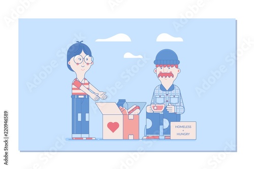 Volunteers design concept.Boy Giving Donation to a Poor Homeless Man