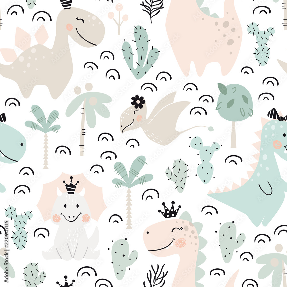 Dinosaur baby girl seamless pattern. Sweet dino princess with crown. Scandinavian cute print.