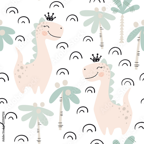 Dinosaur baby girl seamless pattern. Sweet dino princess with crown. Scandinavian cute print.