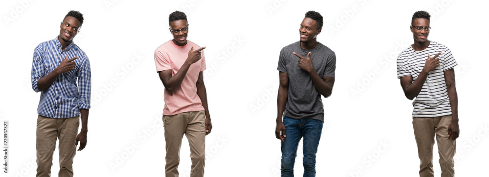 Collage of african american man wearing different outfits cheerful with a smile of face pointing with hand and finger up to the side with happy and natural expression on face looking at the camera. Collage of african american man wearing different outfits cheerful with a smile of face pointing with hand and finger up to the side with happy and natural expression on face looking at the camera.