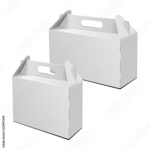 Cardboard Box Set. For Cake, Fast Food, Gift, etc. Carry Packaging. Vector Mockup. White Template of package