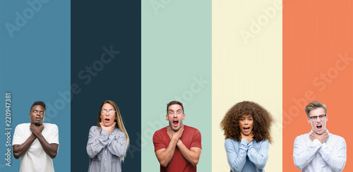 Cuadro en lienzo Group of people over vintage colors background shouting and suffocate because painful strangle