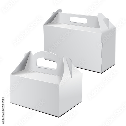 Cardboard Boxt. For Cake, Fast Food, Gift, etc. Carry Packaging. Set of Vector Mockup. White Template of package