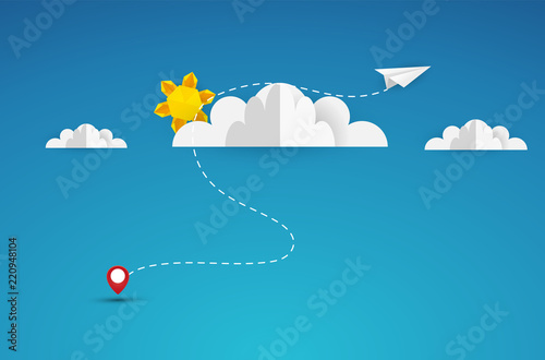 Paper plane flying between clouds. Modern origami background. Business concept design. Eps10 vector illustration.