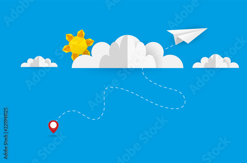Paper plane flying between clouds. Modern origami background. Business concept design. Eps10 vector illustration.