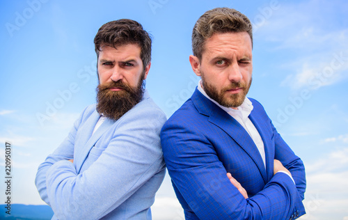 How to build trust with your business partner. Lawyer agency. Sure sign you should trust business partner. Men formal suits stand back to back blue sky background. Confident entrepreneurs bosses