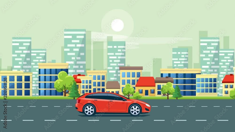 Simple motion loopable 4K flat cartoon animation of car on the road in urban city landscape with moving skyline skyscrapers and office buildings in backround. Traffic in town on the street. 