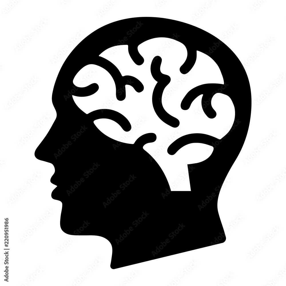 Simple, flat, black silhouette head (profile) illustration. Visible brain.  Isolated on white Stock Vector | Adobe Stock