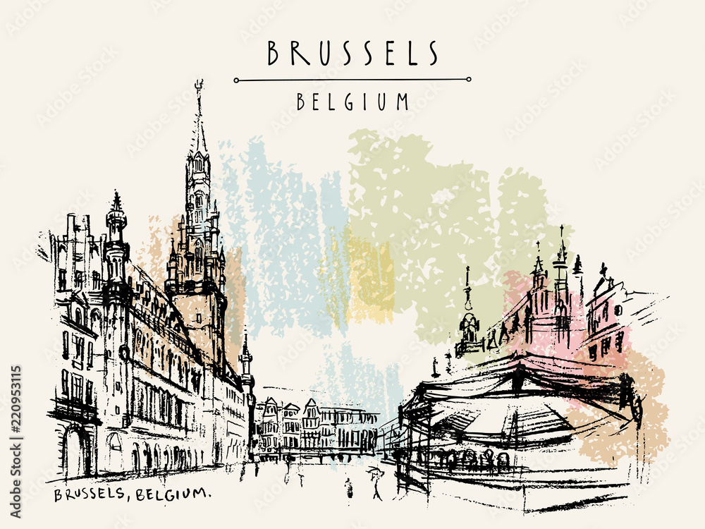 Fototapeta premium Brussels, Belgium. Grand Place. Hand drawn travel postcard