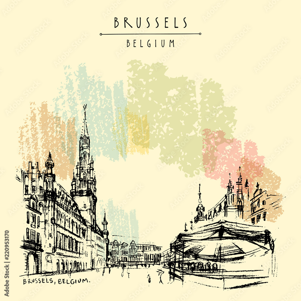Brussels, Belgium. Grand Place. Hand drawn travel postcard