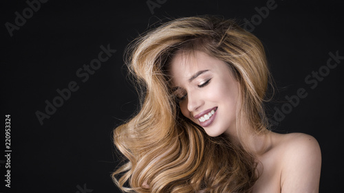 Beauty Woman. Portrait on black Background. Healthcare. Perfect Skin and hair concept. Beauty Face
