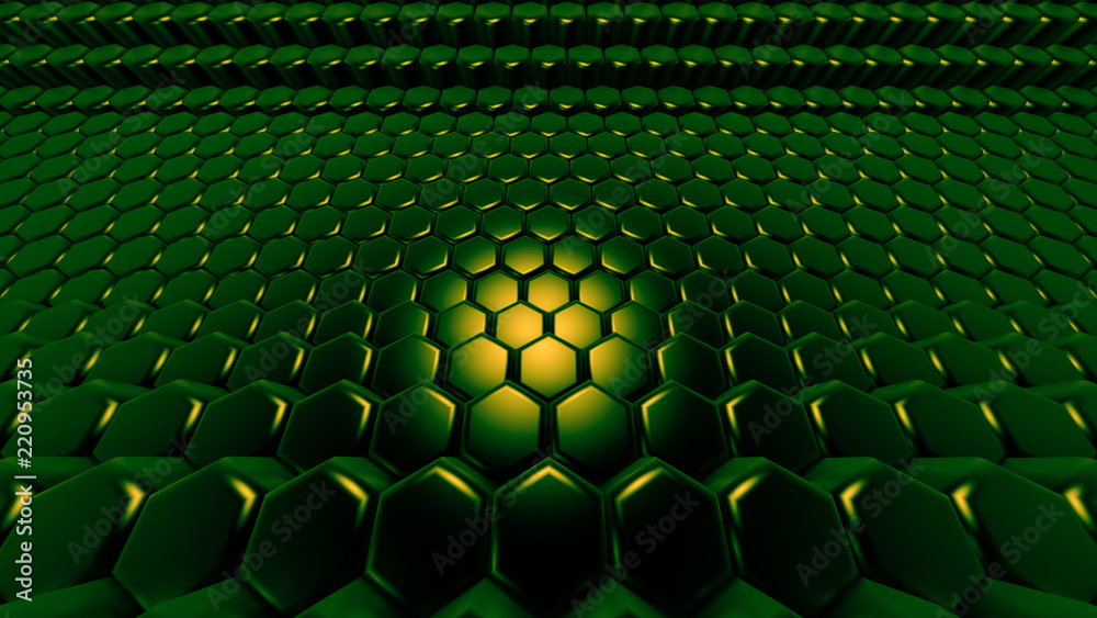 Fototapeta premium Green hexagon background. 3d illustration, 3d rendering.