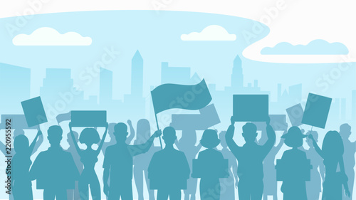 Silhouette crowd of people protesters. Protest, revolution, conflict in city. Flat vector illustration.