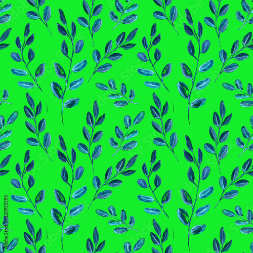 Seamless Realistic Watercolor Greenery Pattern. Hand Drawn Eucalyptus Leaves and Branches Print. Summer  Spring Forest Herbs  Plants Texture. Foliage in Vintage Style. Nature Eco Friendly Concept.