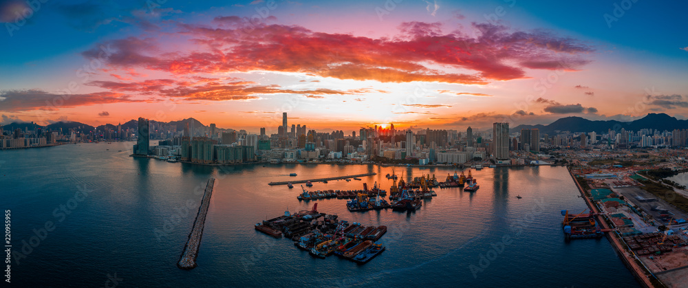 Hong Kong Cityscape from aerial view in sunset