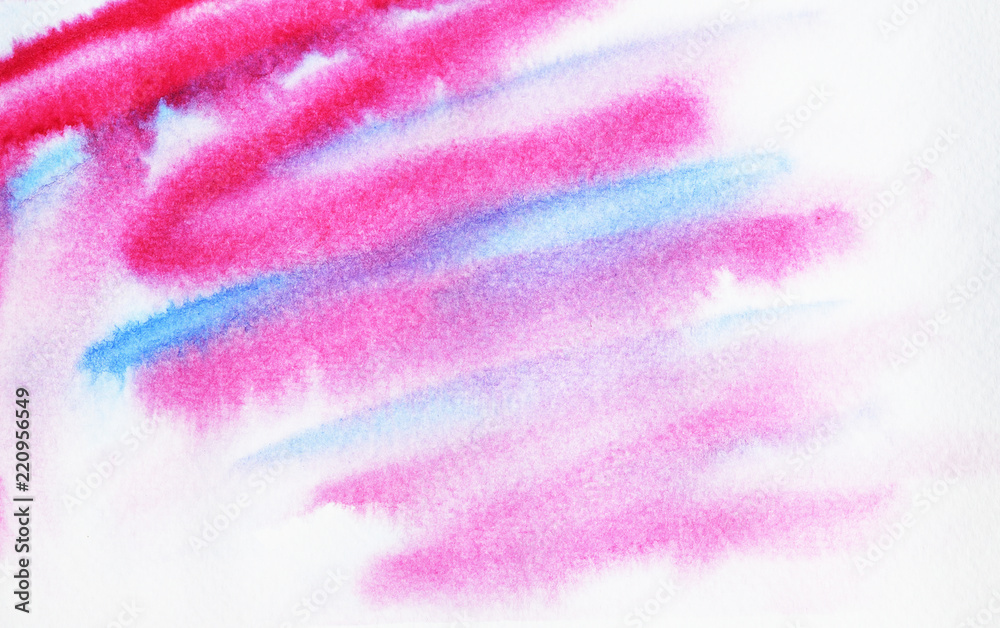 Red with blue color stripe and pink color stains flow on white surface ,  Illustration abstract and bright background from watercolor hand draw on paper
