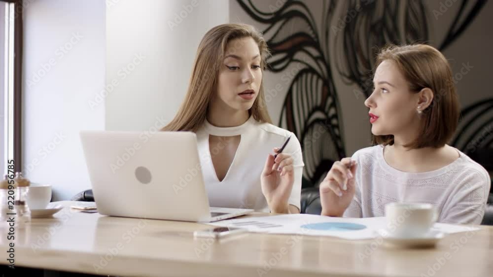 Two young business women are working with a laptop in a cafe. They are discussing and preparing the contract. It is a business meeting. Girls are sitting in the cafe at the table during coffee break Two young business women are working with a laptop in a cafe. They are discussing and preparing the contract. It is a business meeting. Girls are sitting in the cafe at the table during coffee break