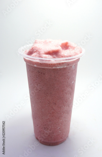 Strawberry yogurt in take home cup beverage for summer isolated on white background,clipping path.