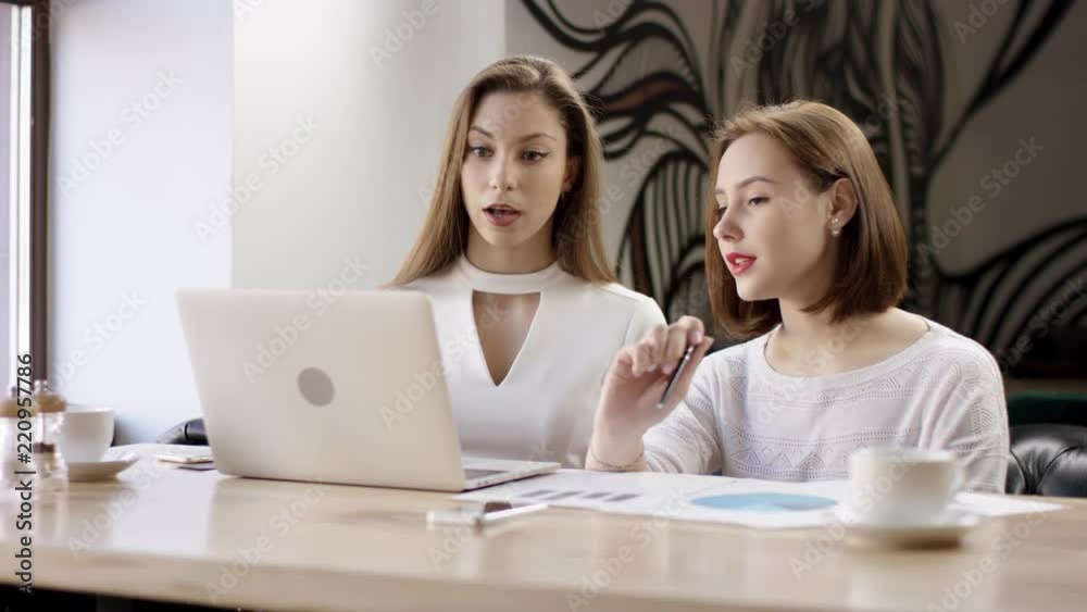 Two young business women are working with a laptop in a cafe. They are discussing and preparing the contract. It is a business meeting. Girls are sitting in the cafe at the table during coffee break Two young business women are working with a laptop in a cafe. They are discussing and preparing the contract. It is a business meeting. Girls are sitting in the cafe at the table during coffee break