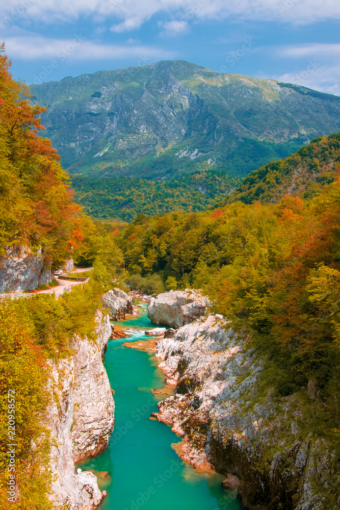Autumn scenery of Soca river near Kobarid, Slovenia