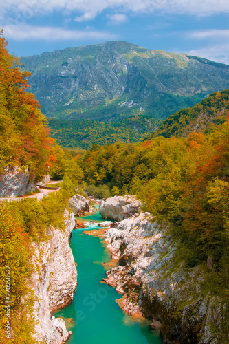 Fototapeta Naklejka Na Ścianę i Meble -  Autumn scenery of Soca river near Kobarid, Slovenia