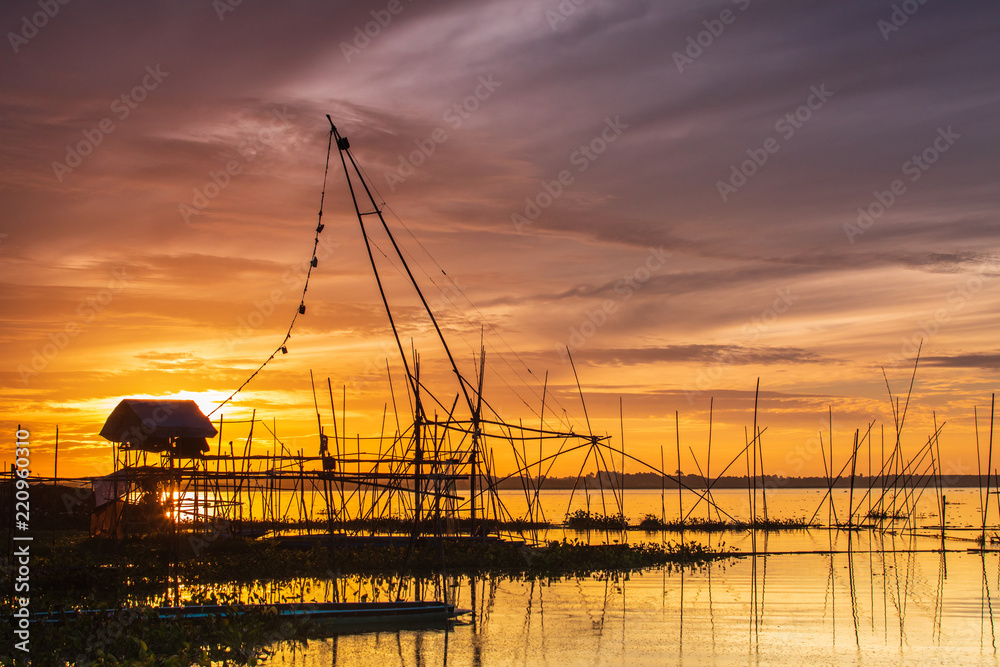 Fishing tools of fisherman in the morning  at Huai Luang dam, Udonthani province, Thailand.
