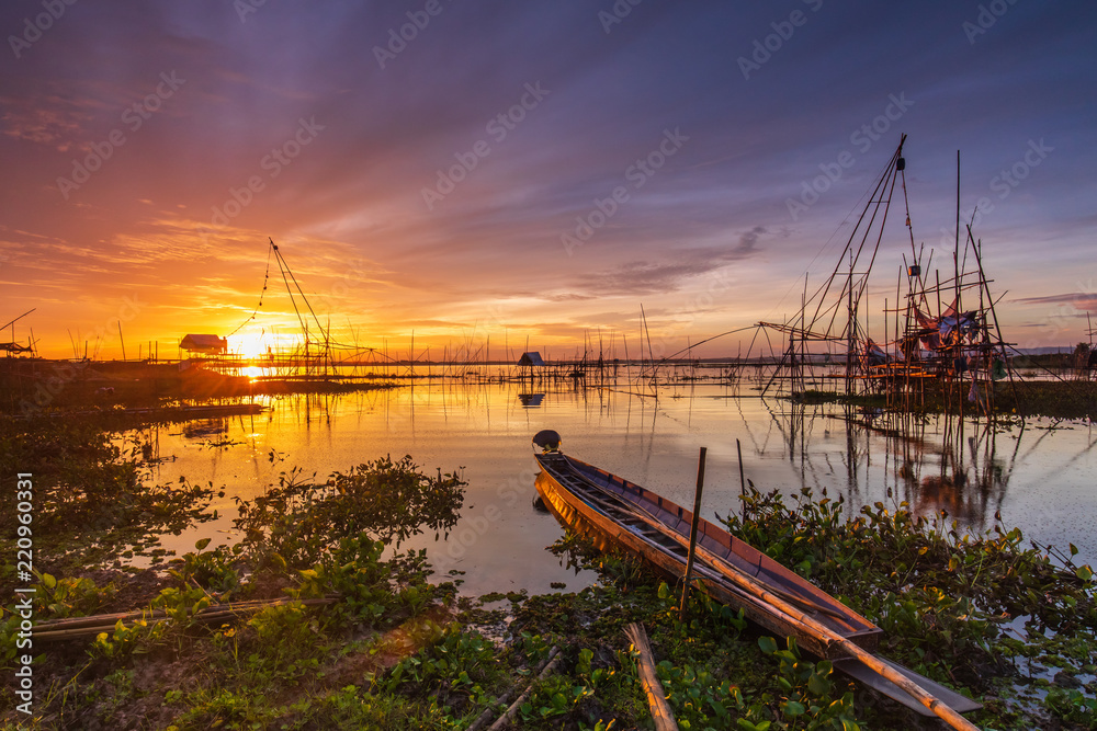Fototapeta premium Fishing tools of fisherman in the morning at Huai Luang dam, Udonthani province, Thailand.