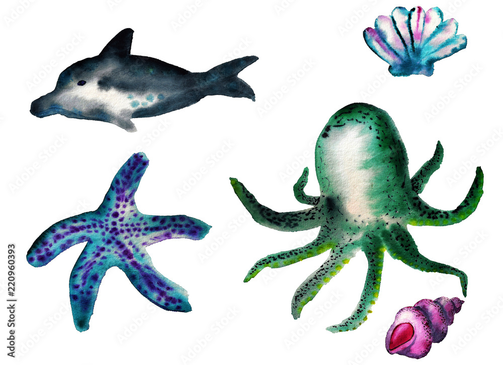 Fototapeta premium Watercolor sea creatures