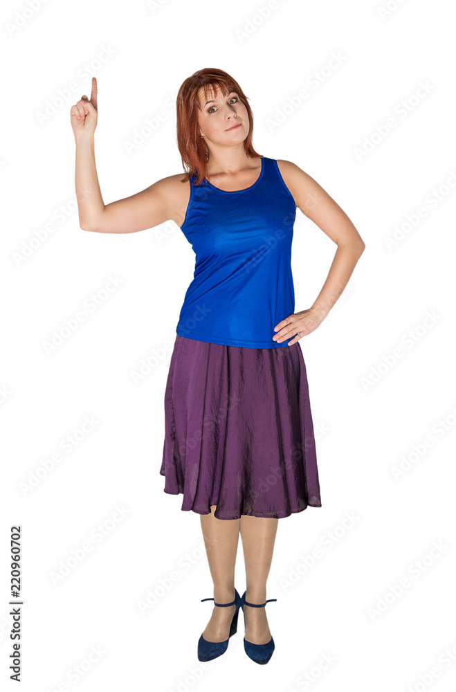 Casual woman pointing finger up isolated Casual woman pointing finger up isolated