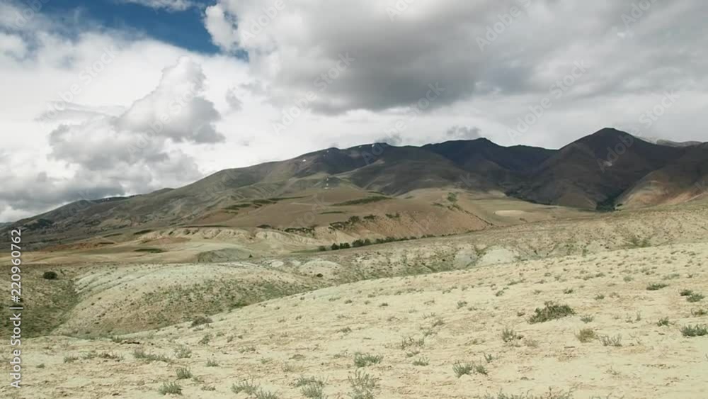 Cracked earth. Mountain steppes of the Altai. The barren landscape of the mountain steppes of the Altai. Cracked earth. Mountain steppes of the Altai. The barren landscape of the mountain steppes of the Altai.