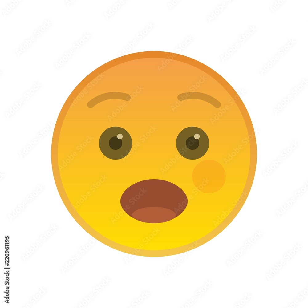 Fototapeta premium Surprised emoticon isolated on white background. Wonder yellow emoji symbol with opened mouth. Social communication and internet chatting vector element. Marvel smile face with facial expression
