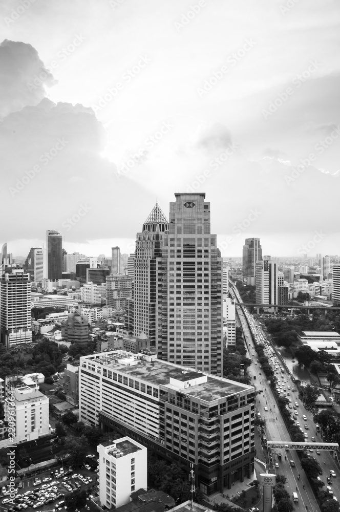 Bangkok city modern high rise buildings, Aerial view. Black and White