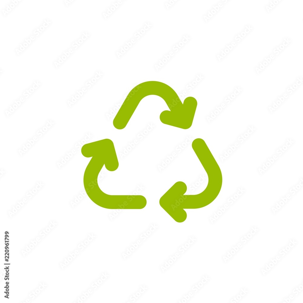 Three green arrows with. eco recycle icon. eco sign isolated on white. Vector reuse illustration. Three green arrows with. eco recycle icon. eco sign isolated on white. Vector reuse illustration.