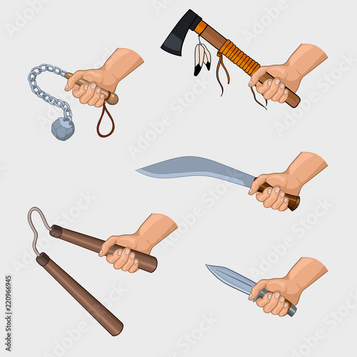 hand holding different cold weapons, vector set