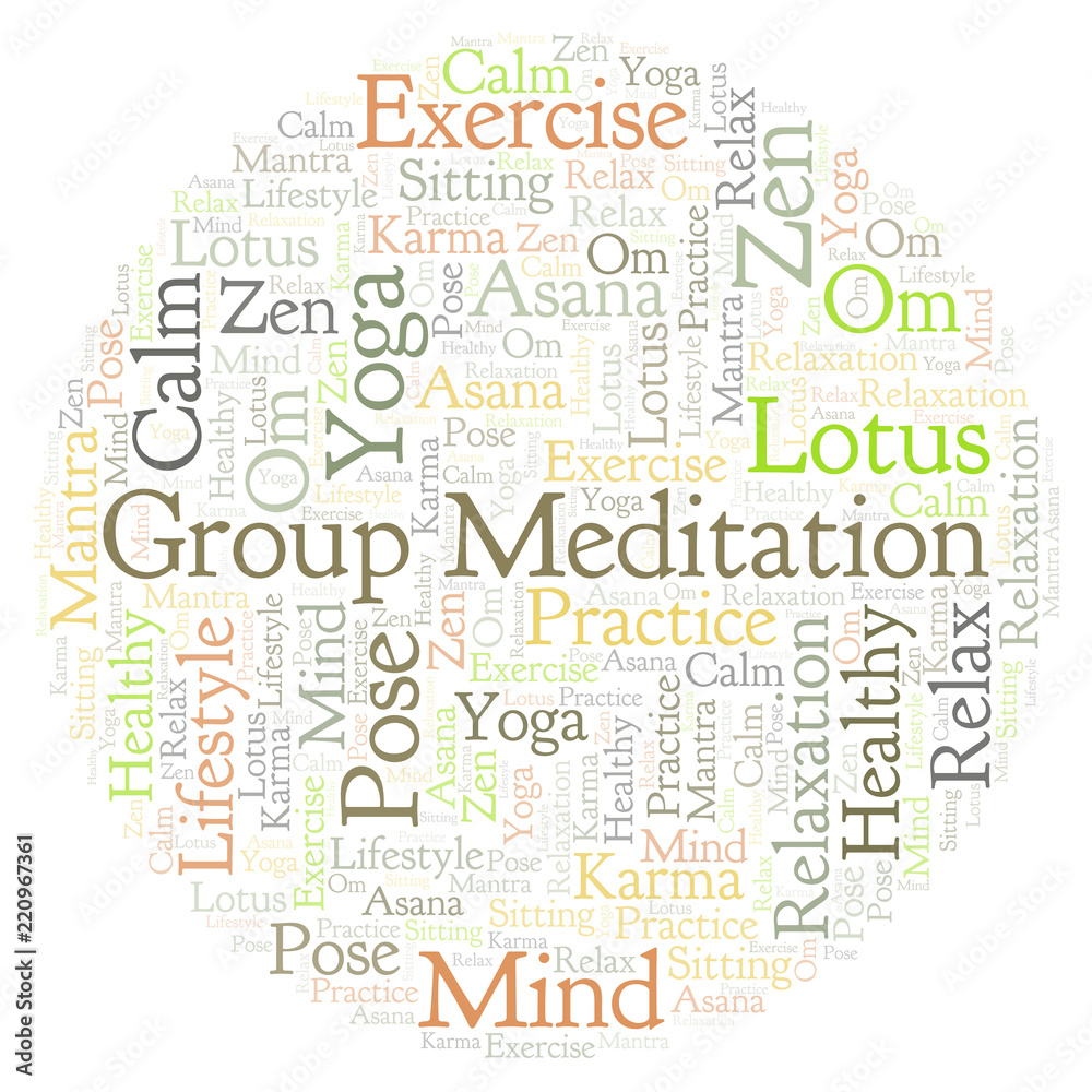 Group Meditation in a circle shape word cloud.