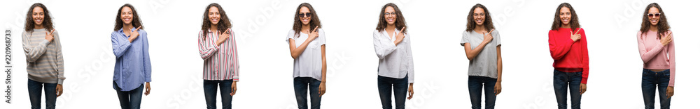 Composition of young brazilian woman isolated over white background cheerful with a smile of face pointing with hand and finger up to the side with happy and natural expression on face Composition of young brazilian woman isolated over white background cheerful with a smile of face pointing with hand and finger up to the side with happy and natural expression on face