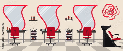 Interior of a hairdressing salon in a red color. Beauty salon. There are tables, chairs, a bath for washing the hair, mirrors, hair dryer in the picture. There is a clock in the form of a rose here