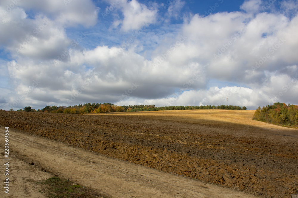 plow field in the autumn,plowed field,blue sky