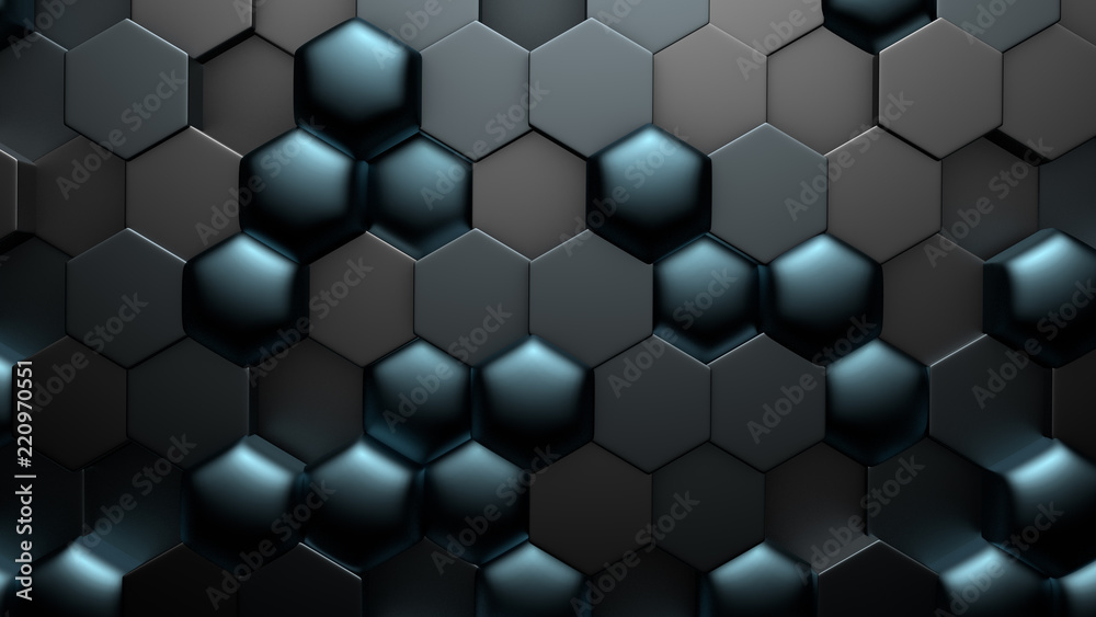 Blue black metallic background with hexagons. 3d illustration, 3d rendering. Blue black metallic background with hexagons. 3d illustration, 3d rendering.