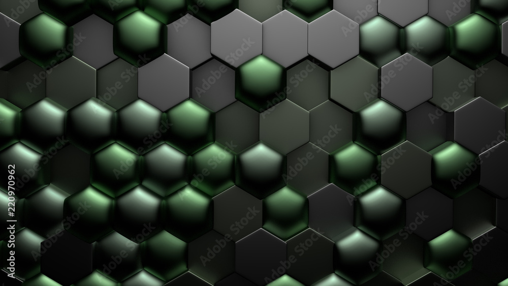 Green black metallic background with hexagons. 3d illustration, 3d rendering. Green black metallic background with hexagons. 3d illustration, 3d rendering.