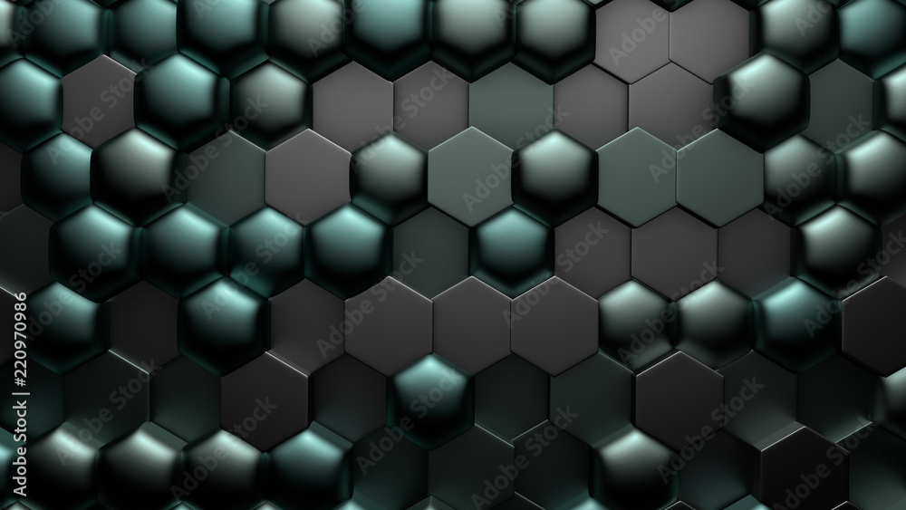 Green black metallic background with hexagons. 3d illustration, 3d rendering. Green black metallic background with hexagons. 3d illustration, 3d rendering.