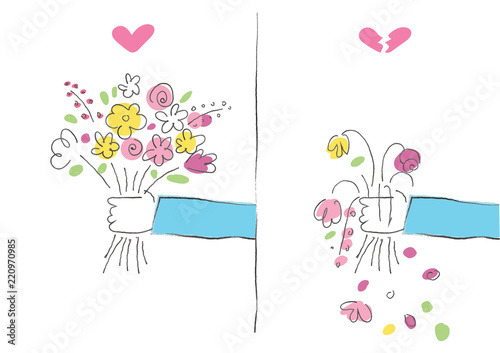hand giving a bouquet of flower heart and heartbroken drawing illustration vector background