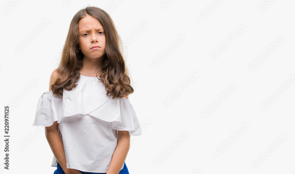 Brunette hispanic girl skeptic and nervous, frowning upset because of problem. Negative person. Brunette hispanic girl skeptic and nervous, frowning upset because of problem. Negative person.