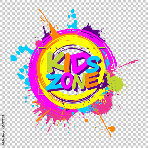 Colorful paint splashes with Kids zone emblem for children playground for play and fun on chequered background.