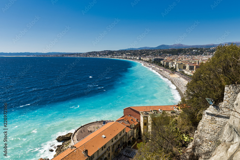 A view of the Promenade des Anglais in Nice, France taken from the park Colline du Chateau which offers amazing views of the city.