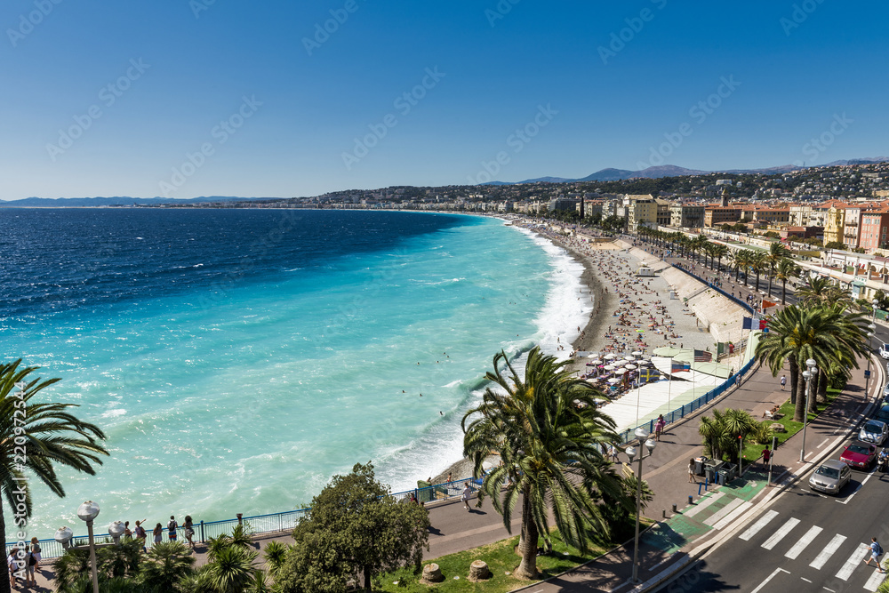 A view of the Promenade des Anglais in Nice, France taken from the park Colline du Chateau which offers amazing views of the city.
