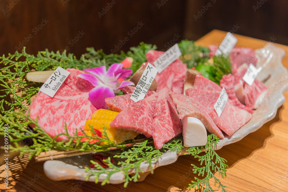 6 kinds of premium Japanese beef, Matsusaka. Serving for grill in Yakiniku restaurant 6 kinds of premium Japanese beef, Matsusaka. Serving for grill in Yakiniku restaurant