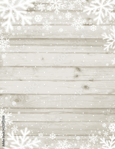 Wooden christmas background with blurred white snowflakes, vector illustration